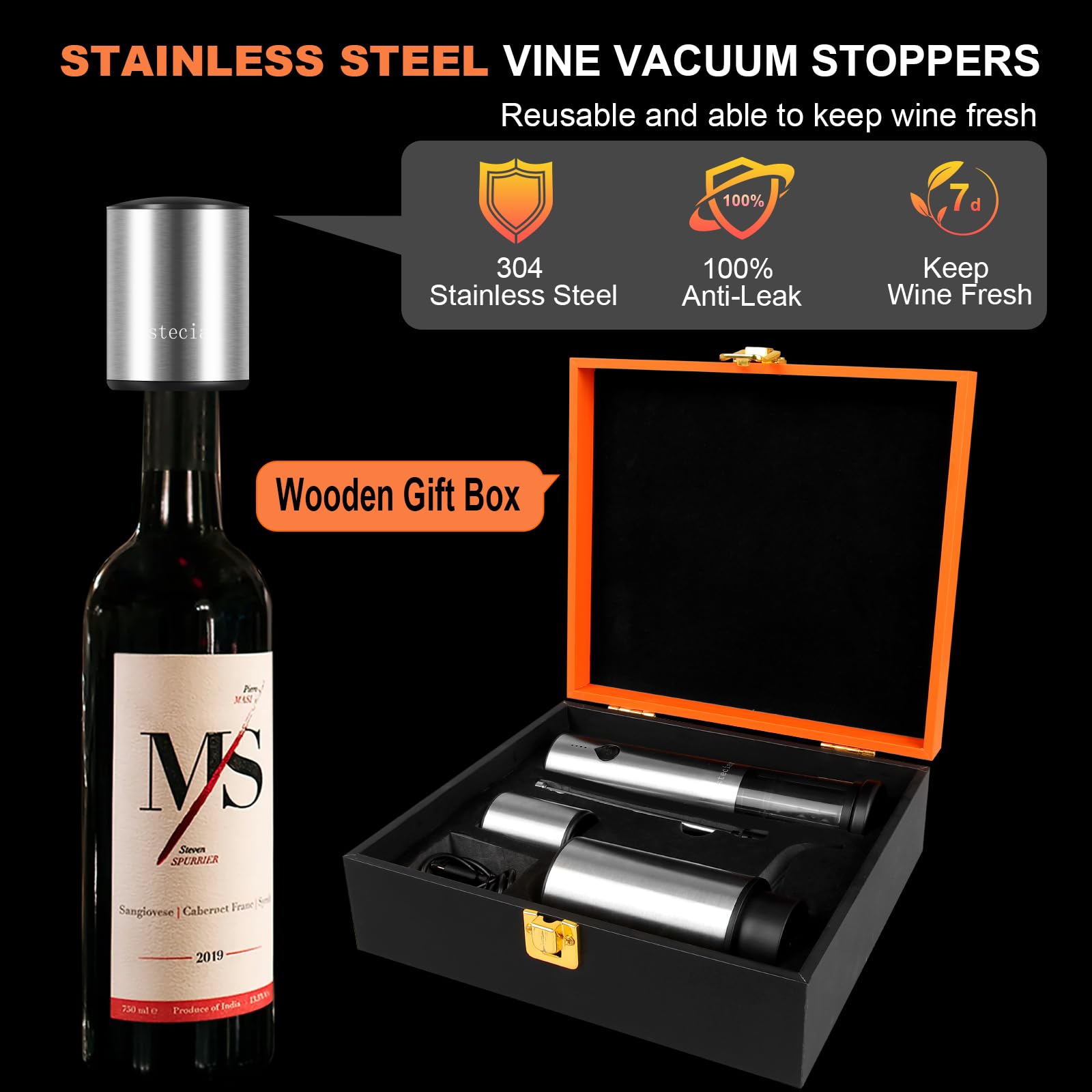 Electric Wine Bottle Opener Set, with Luxurious Wooden Gift Box, 2-in-1 Electric Decanter Wine Aerator & Dispenser, Vacuum Stopper, Foil Cutter, Automatic Wine Opener for Wine Lovers Home Bar