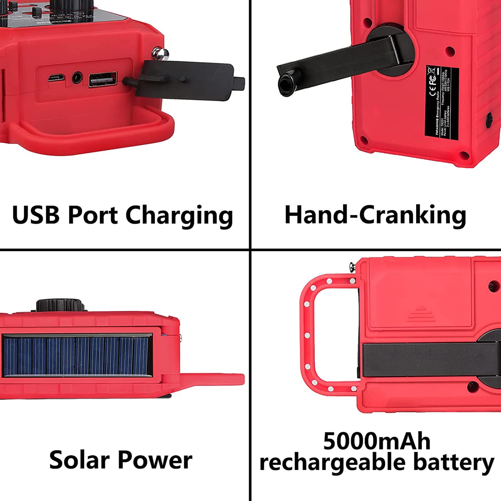Radio awaryjne 5000mAh Solarne radio z korbą ręczną, z AM/FM/WB, latarką, lampką do czytania, alarmem SOS
