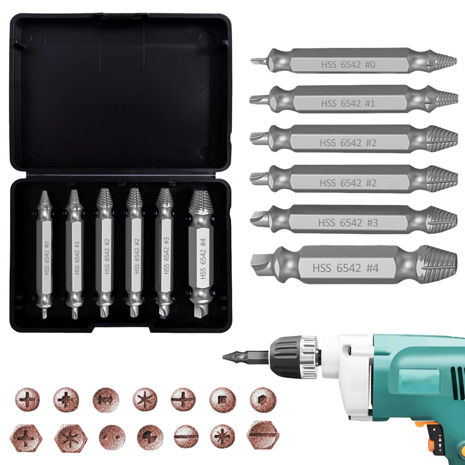 6 Pcs Damaged Screw Extractor Set, HSS 4341 Screw Extractor Remover Kit, General Bit Set Double Ended for Damaged Broken Stripped Screws