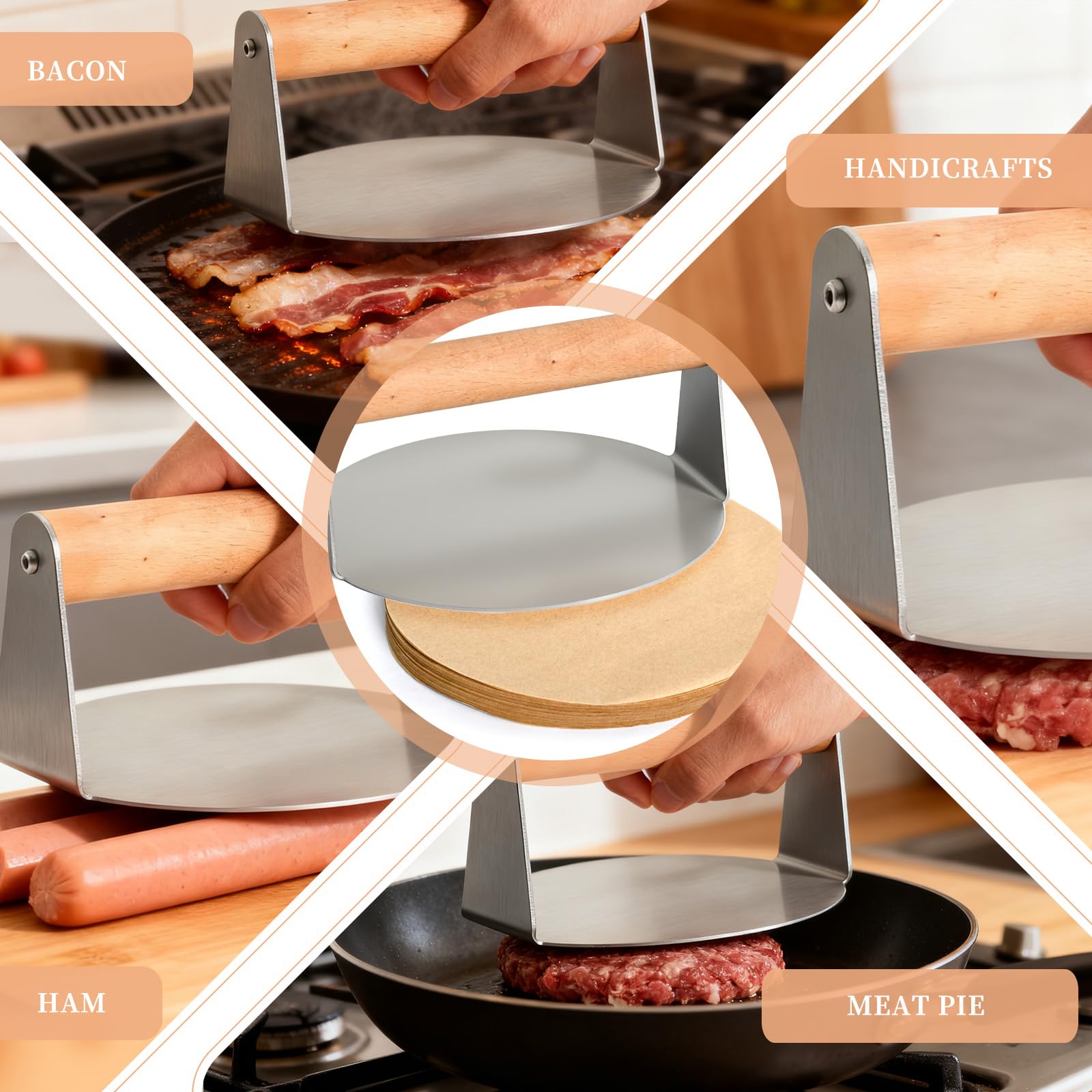 Set Stampo per Hamburger, Pressa per Carne 16 cm + 200 Fogli Separatore di Carne 16 cm, Strumenti di Cucina Essenziali