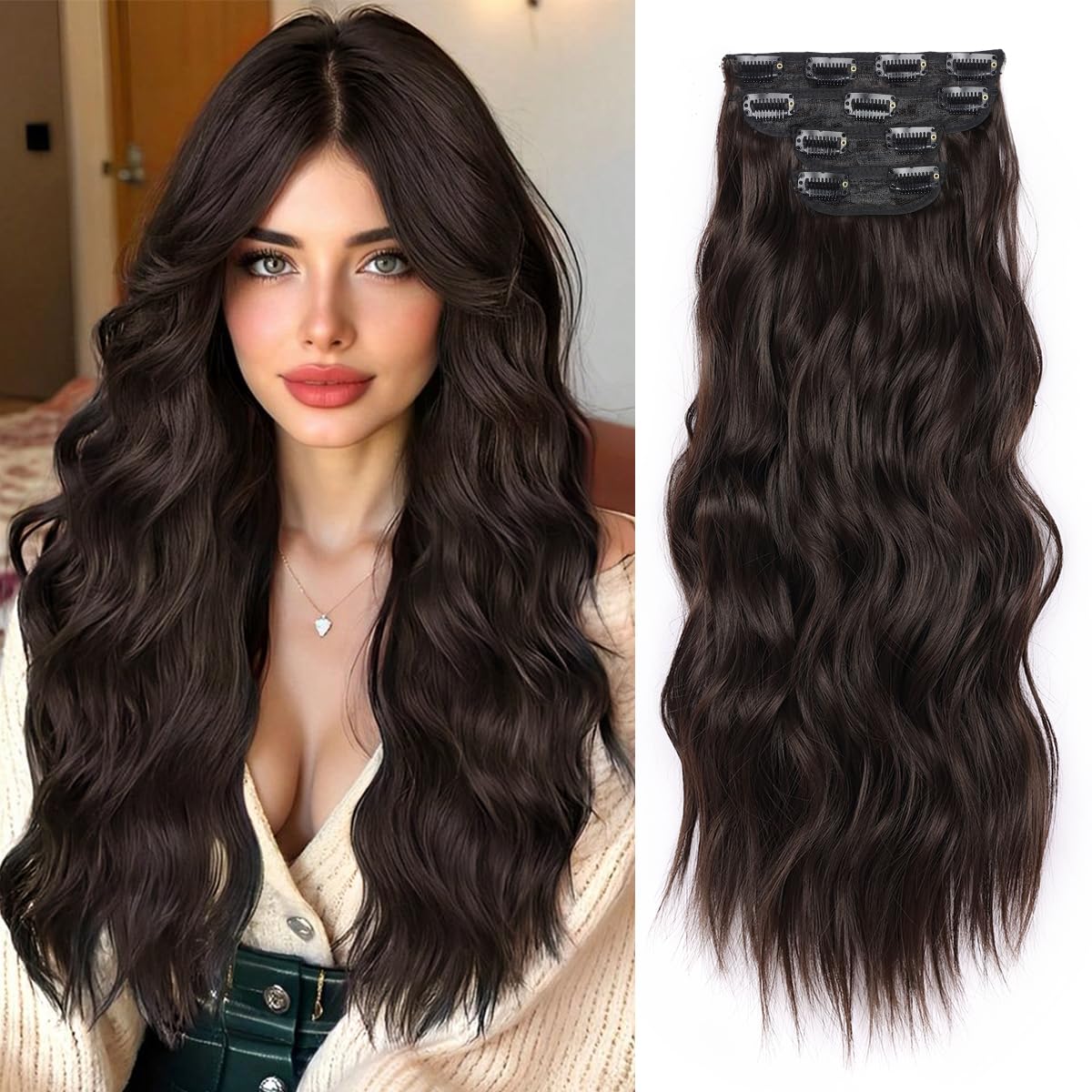 JIAMEISI Clip in Hair Extensions 4PCS Full Head Long Wavy Hair Extensions Synthetic Fiber 22 Inch 200g Clip in Thick Hairpieces for Women/Girls (#6A Dark Brown)