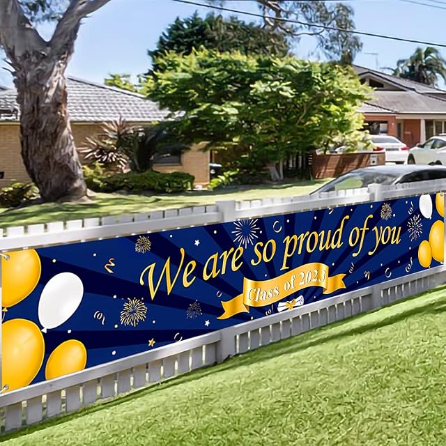 Graduation Decorations 2023, We Are So Proud Of You Fabric Long Banner 300× 50cm for Graduation Party Decoration Blue and Gold, Graduation Banner Decoration Table Wall Room Indoor Outdoor Decorations