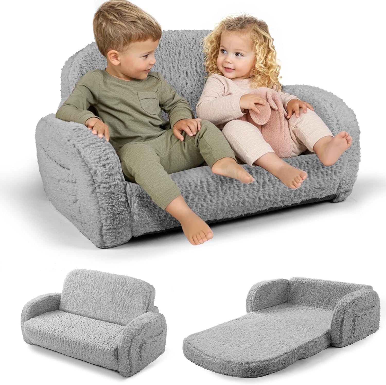 2-in-1 Sherpa Fold Out Kids Couch, Extra Wide Comfy Toddler Chair, Convertible Kids Sofa to Lounger, Foldable Toddler Couch with High Density Foam, Modern Kids Sofa Bed for Boys & Girls 3+, Gray