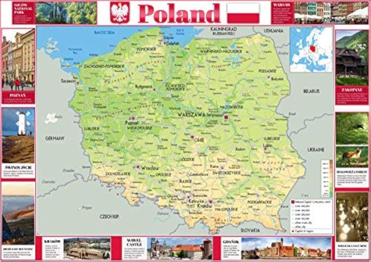 Pictorial Map of Poland - 23.4 x 16.5 inches - Paper Laminated