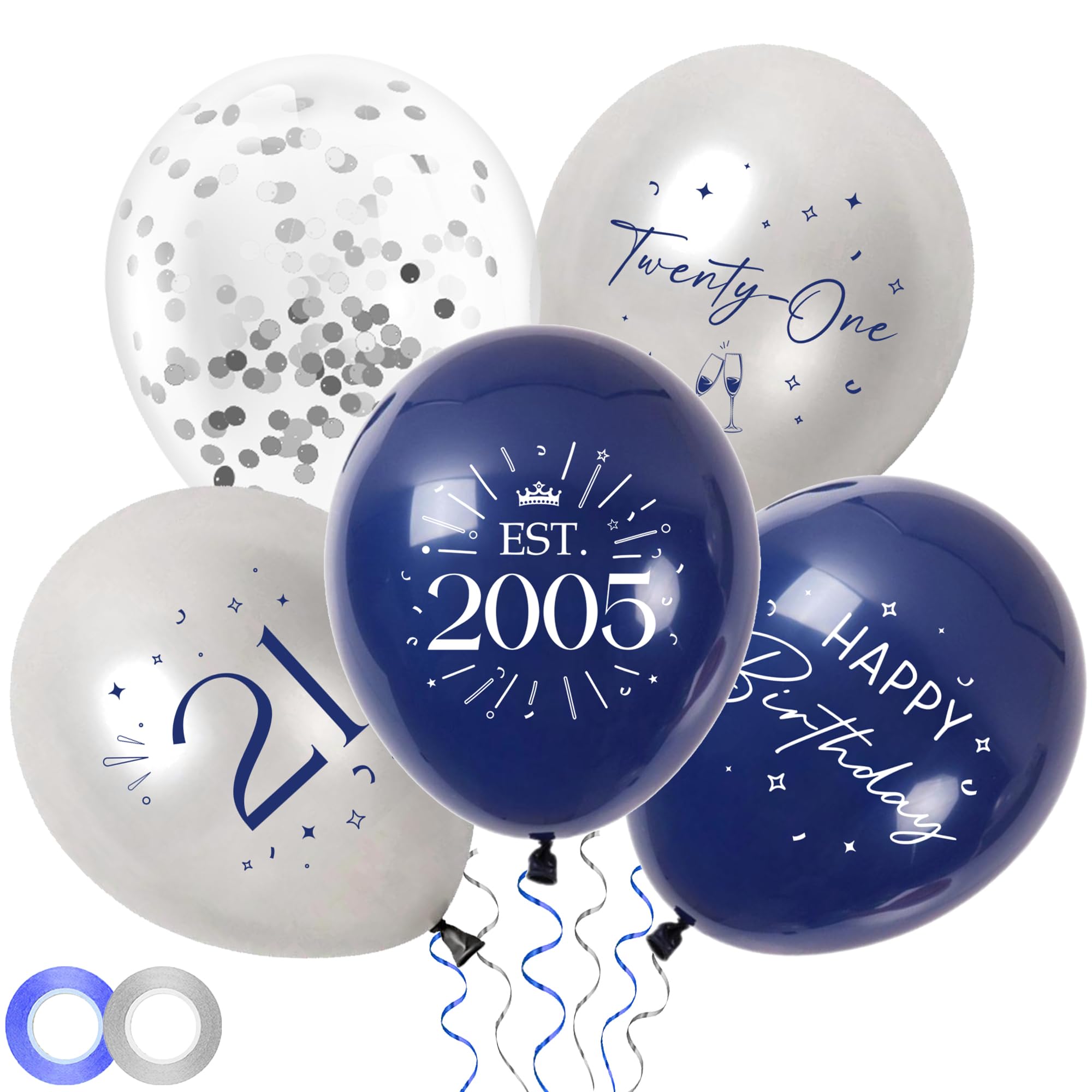 21st Birthday Decorations Party Balloons - 30pcs Blue and Silver 21 Balloons for Him, Twenty-one Latex Balloon with Ribbon for 21 Year Old Party