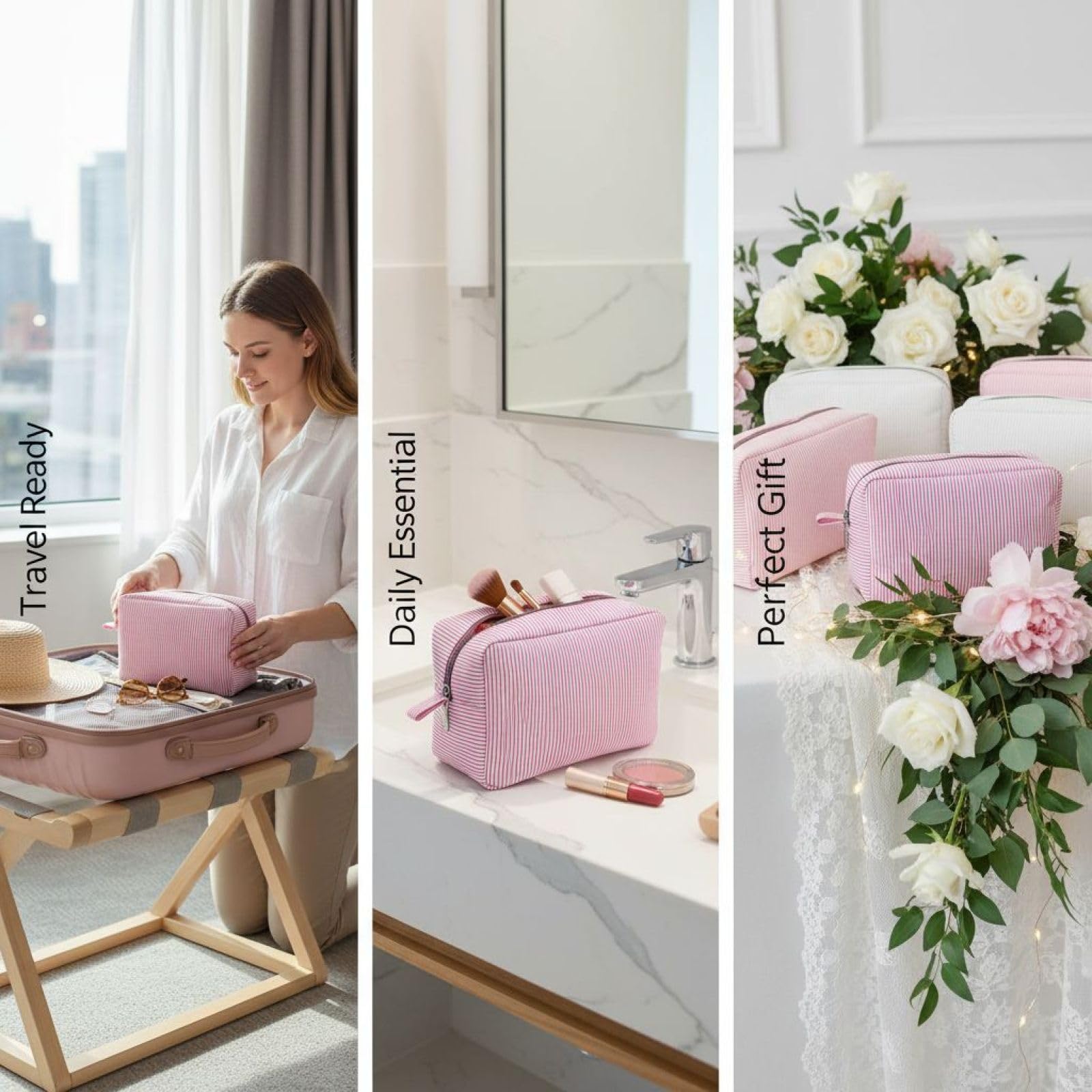 6 STK. Seersucker Kosmetiktaschen Set, rosa Streifen Make up Tasche, großer Reise Kulturbeutel Organizer, Stoff Aufbewahrungstaschen, indischer Stil für Hochzeit, Party Gastgeschenke