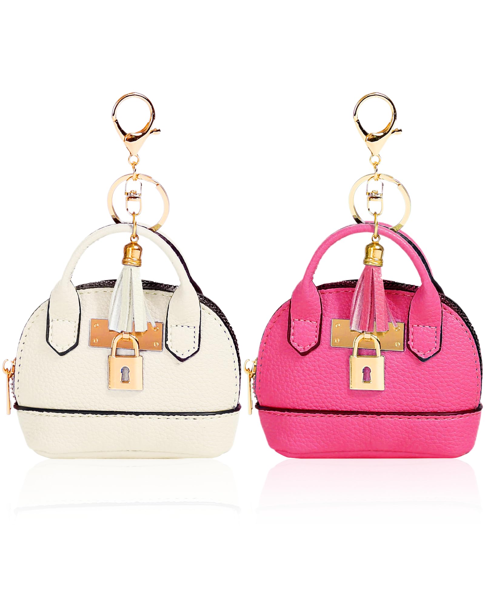 2 Stück Mini Schlüsselanhänger Tasche Kosmetiktasche für Frauen PU Leder Rucksack Schlüsselanhänger Autoschlüssel Geldbörse Lippenstift Kartenhalter Daten Kabel Organizer Zipper (Weiß+Rosa)