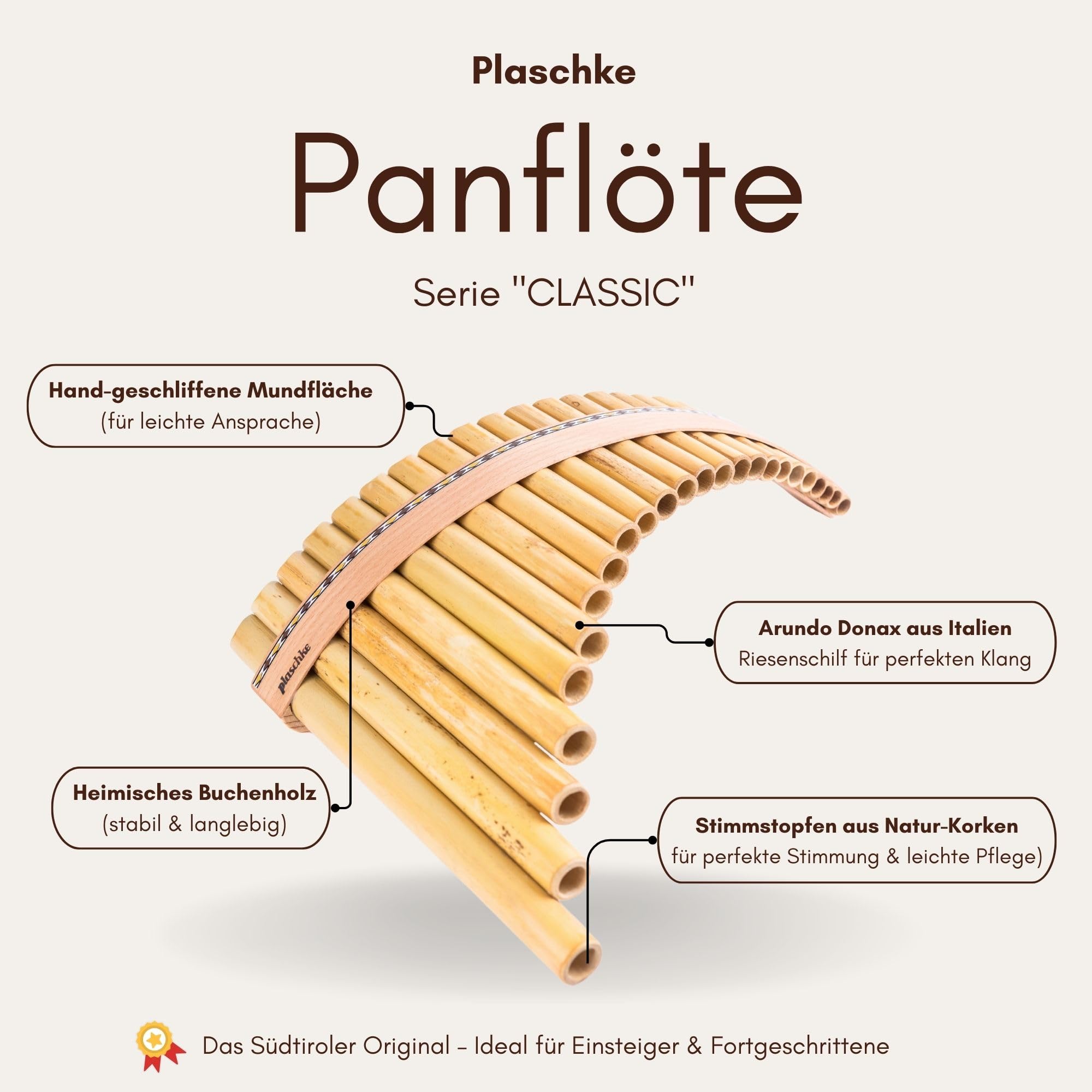 Plaschke Panflöte 20 Rohre in C-Dur – Premium-Set inkl. Lehrbuch – Handarbeit aus Italien – Großer Tonumfang – Für Fortgeschrittene & Musikschüler