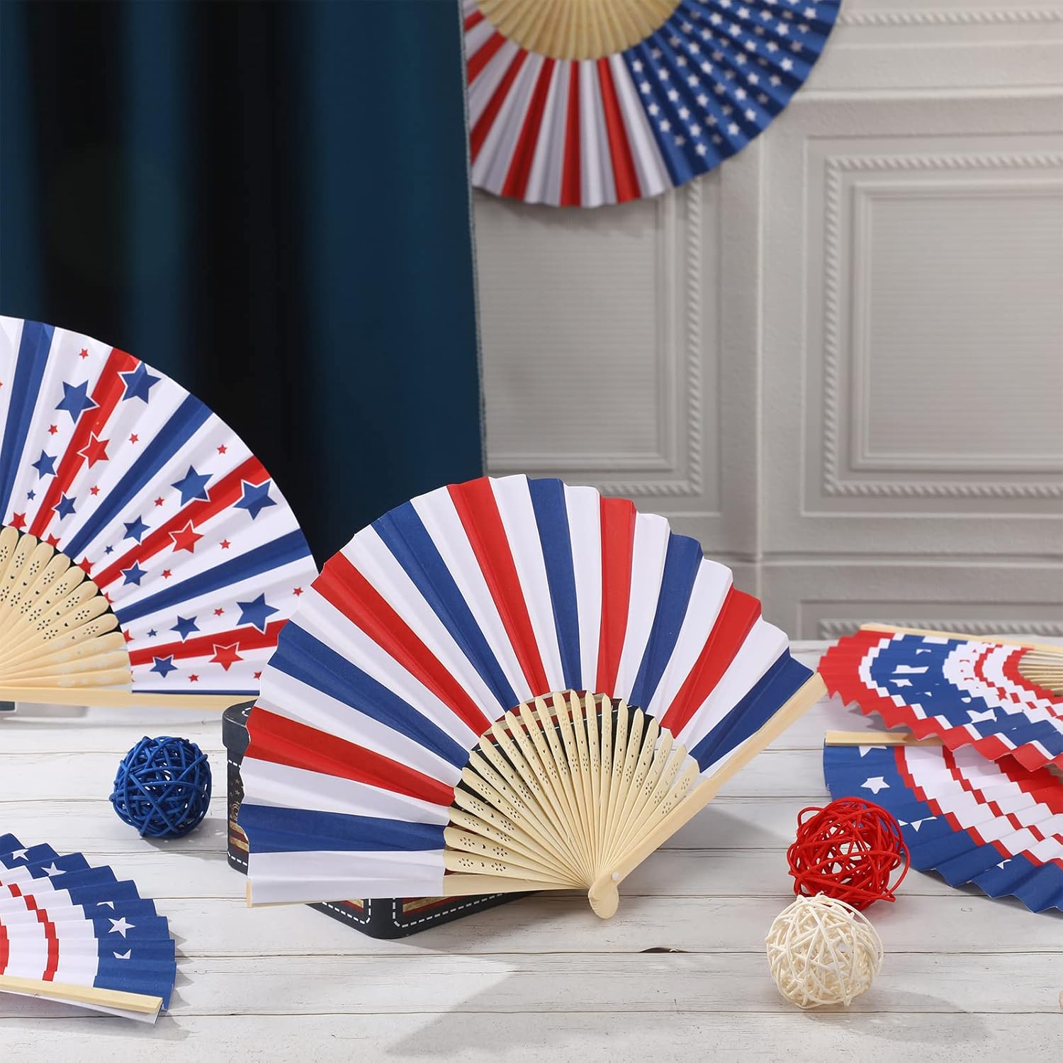 Hoteam 72 Pcs American Handheld Folding Fan Fourth of July Party Favors 6 Style Independence Day Decorative Fans for July 4th Memorial Day Campaign Patriotic Party