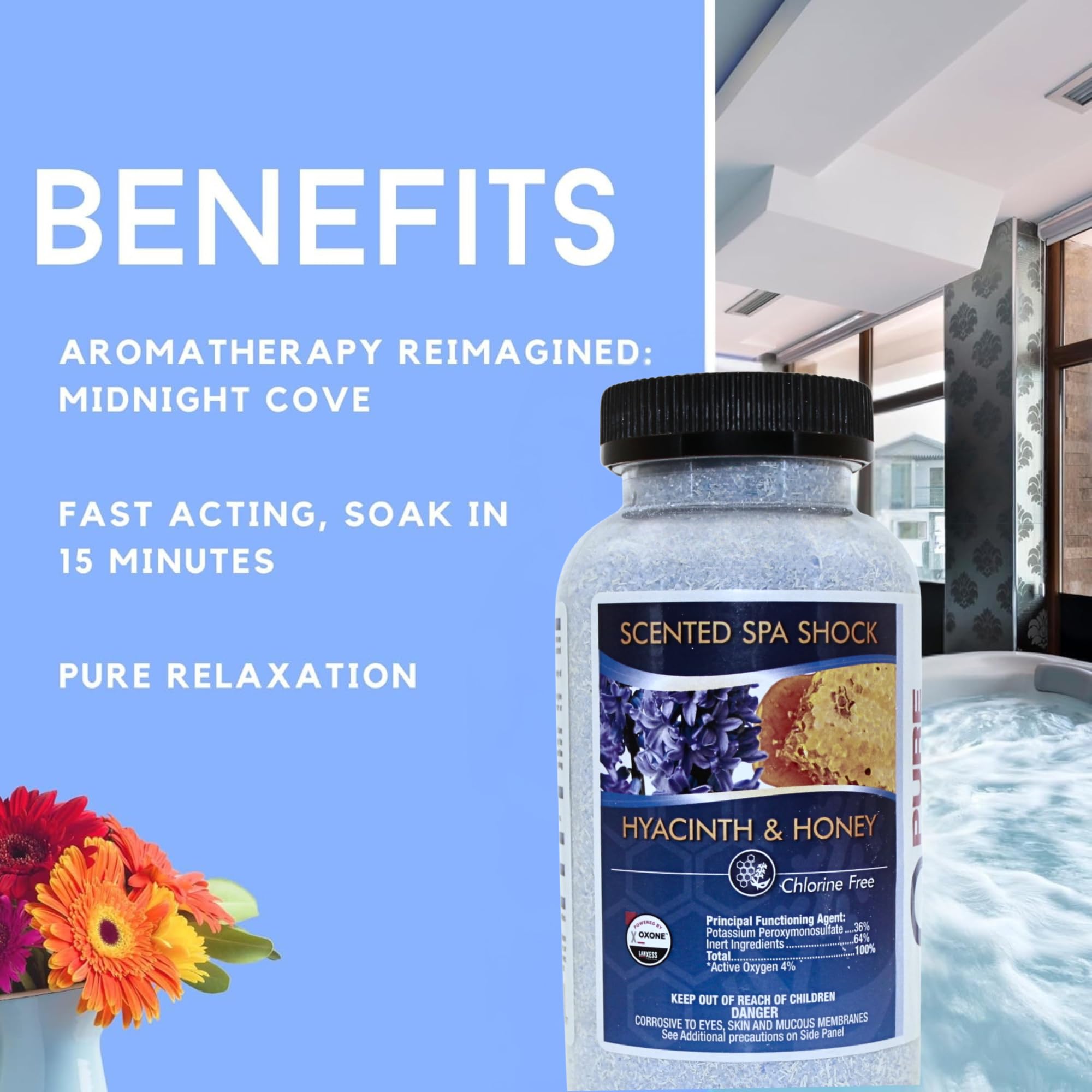 Shock de spa perfumado, choque sin cloro para cualquier spa o jacuzzi, uso con tabletas de bromo o cloro de spa. Cristales infundidos con fragancia de miel de jacinto tratan el agua y oxidan los