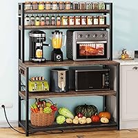 Denkee 38" Bakers Rack with Power Outlets - 5-Tier Microwave Stand, Coffee Bar Shelf, Industrial Rustic Brown Kitchen Storage Rack