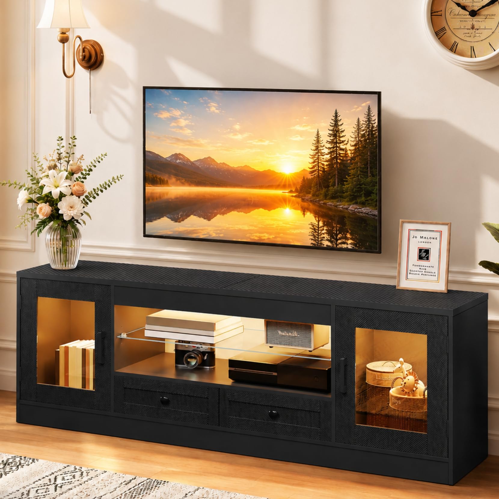 Dripex 148CM Modern LED TV Stand Cabinet Fits 55/60/65 Inch TVs with RGB Lights & Drawers for PS5, Entertainment Center for Living Room Bedroom Black Carbon Fiber