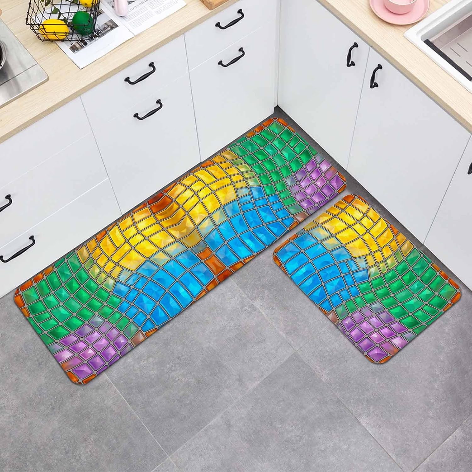 Prime Leader Abstract Glass Kitchen Mat Set 2 Pieces Blue Yellow Purple Green Crystal Modern Art Non Slip Kitchen Rugs Washable Runner Rug Mats for Sink Laundry (19.7" x 31.5"+19.7" x 63")