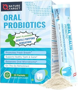 NATURE TARGET Popping Oral Probiotics Powder for Bad Breath, 9B CFU | 7 Probiotic Strains with Zinc & Vitamin C for Teeth & Gum Health. Sugar-Free Formula, 30 Travel Packets, Natural Mint Flavor