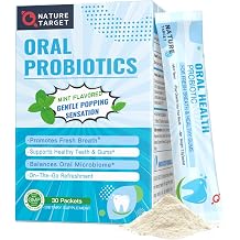 NATURE TARGET Oral Probiotics for Mouth Bad Breath, 30 on-the-go Packets | 9 Billion CFU, Popping Probiotic Powder, with Zinc &amp; Vitamin C for Healthy Teeth &amp; Gums, Sugar-Free, Natural Mint Flavor