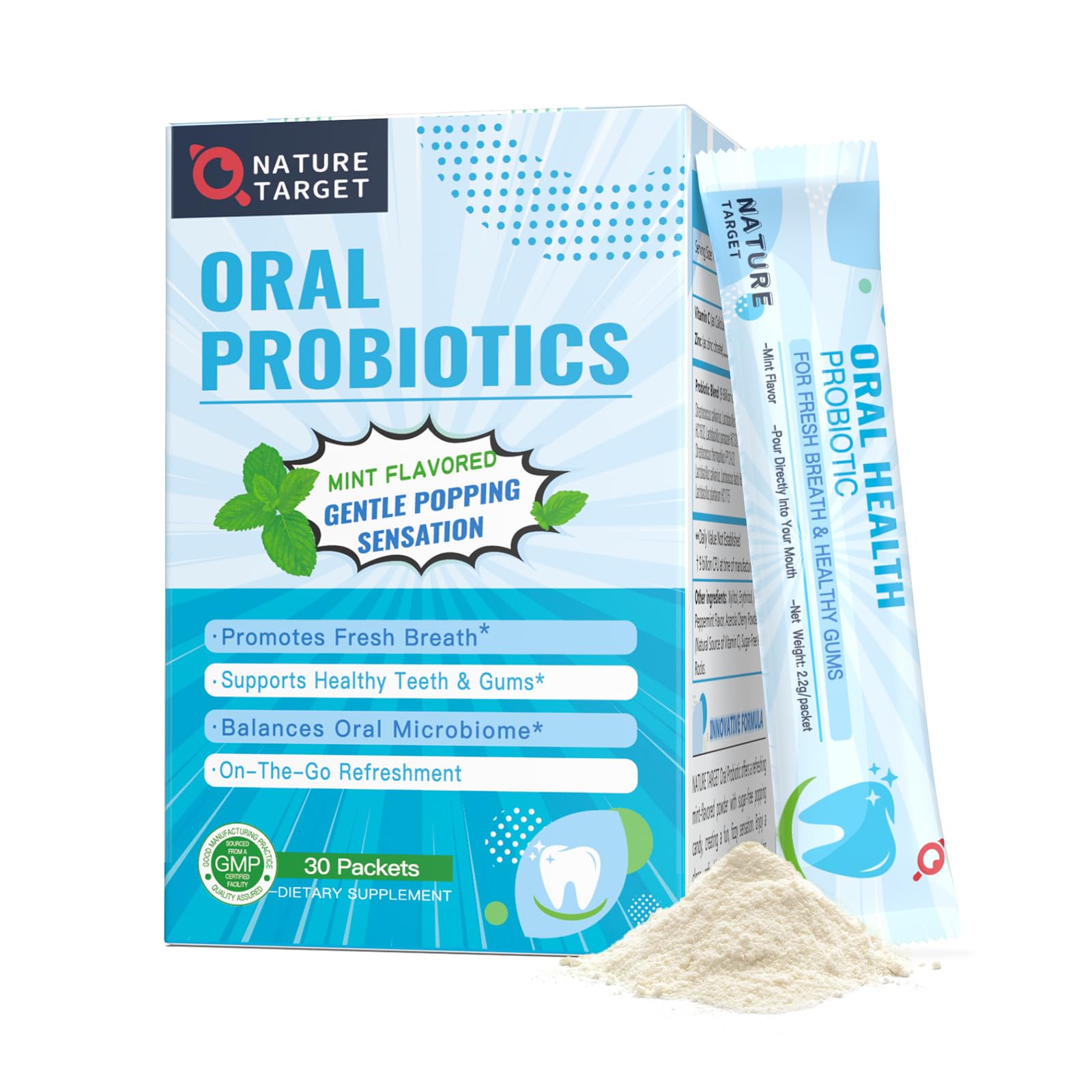 NATURE TARGET Popping Oral Probiotics Powder for Bad Breath, 9B CFU
