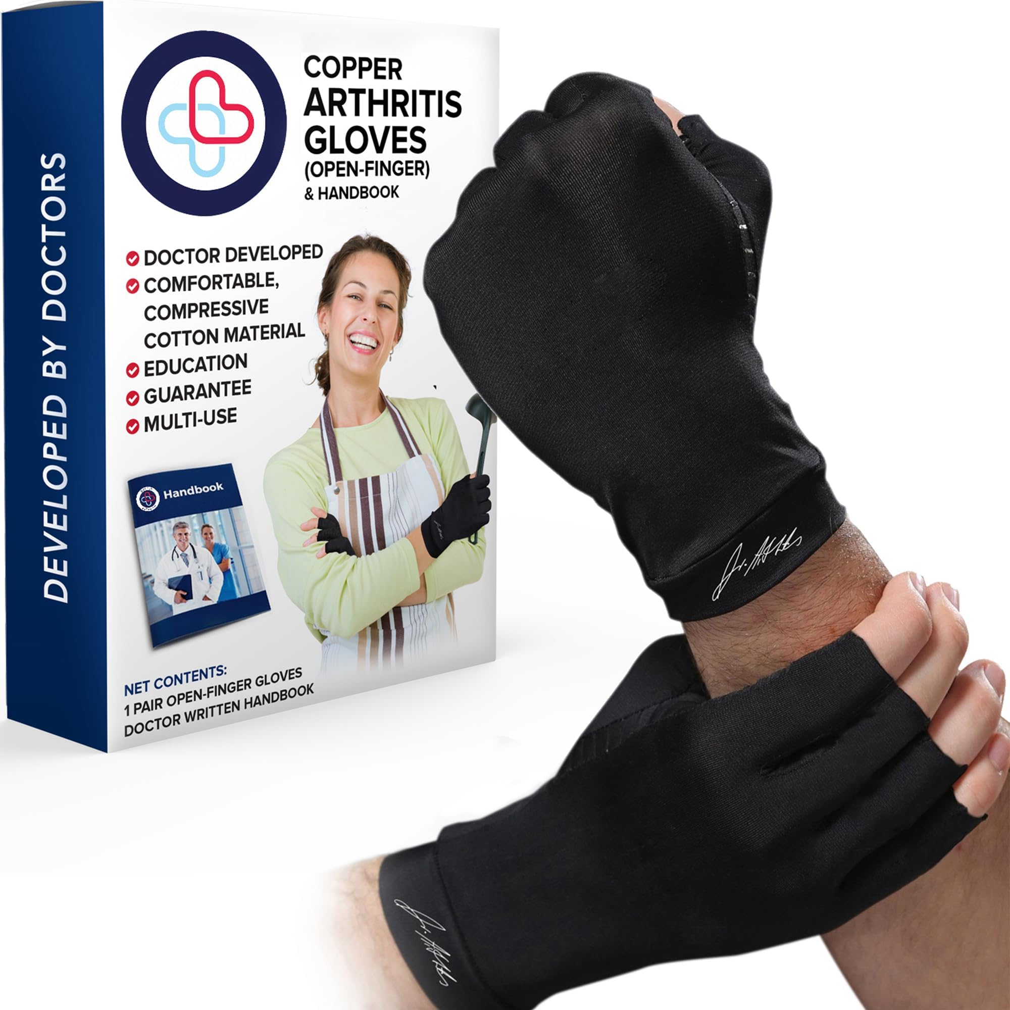 Doctor Developed Compression Gloves For Men Women W/Doctor Handbook - Copper Made Compression Gloves For Arthritis And Hand Pain - Open Finger Raynauds Gloves