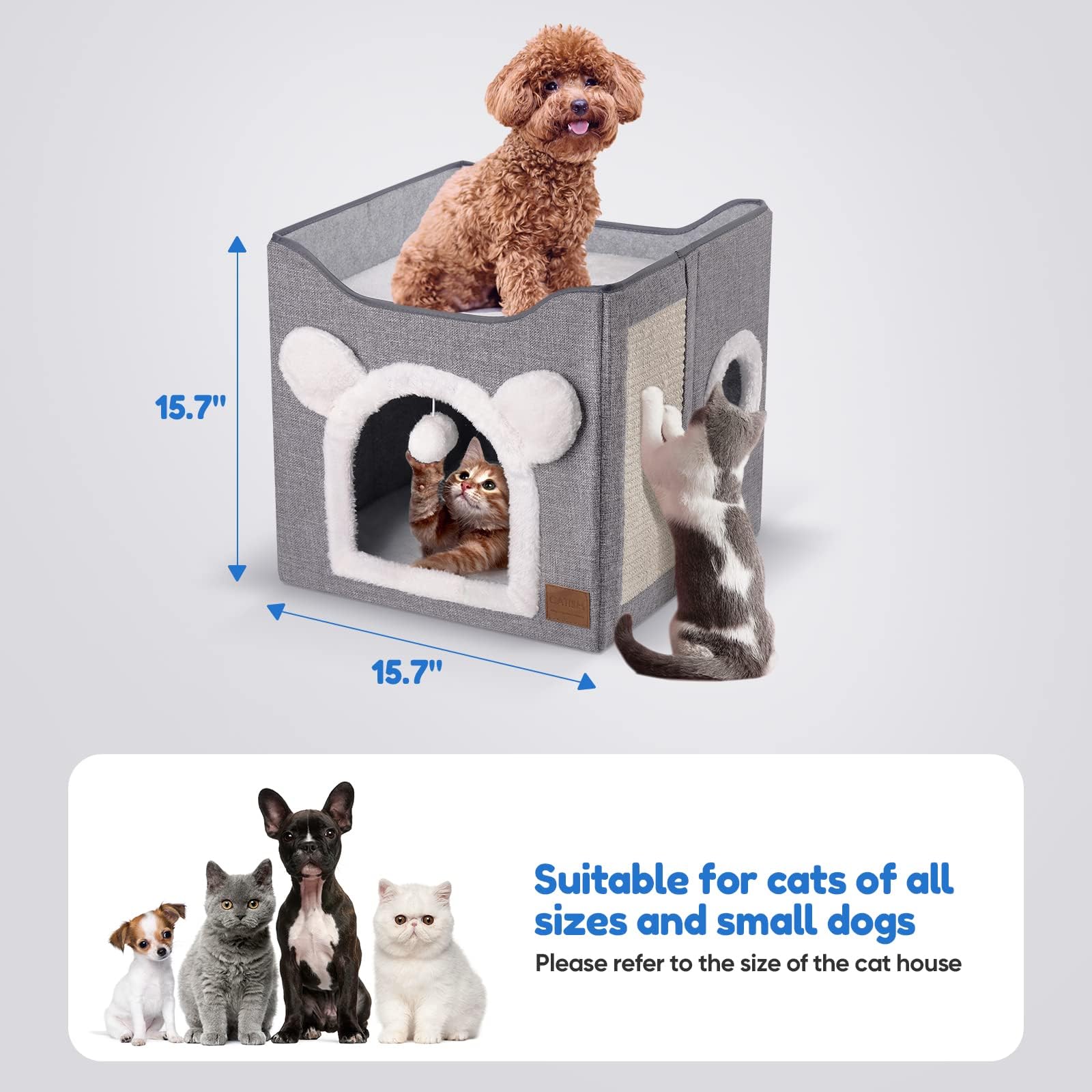 بيت قطط قابل للطي، كهف للقطط من طبقتين، مساحة كبيرة، سرير قطط مع كرة منفوشة معلقة ووسادة خدش للحيوانات الاليفة المتوسطة الحجم، مسند داخلي 40 × 40 × 35 سم (عش قطط رمادي)