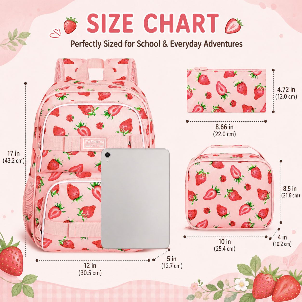 HPJGD Mochila escolar de 3 piezas para niñas, 17 pulgadas, resistente al agua, con fiambrera, bonito juego de bolsas de libros de fresas rosas para mujeres, adolescentes, escuela primaria secundaria,