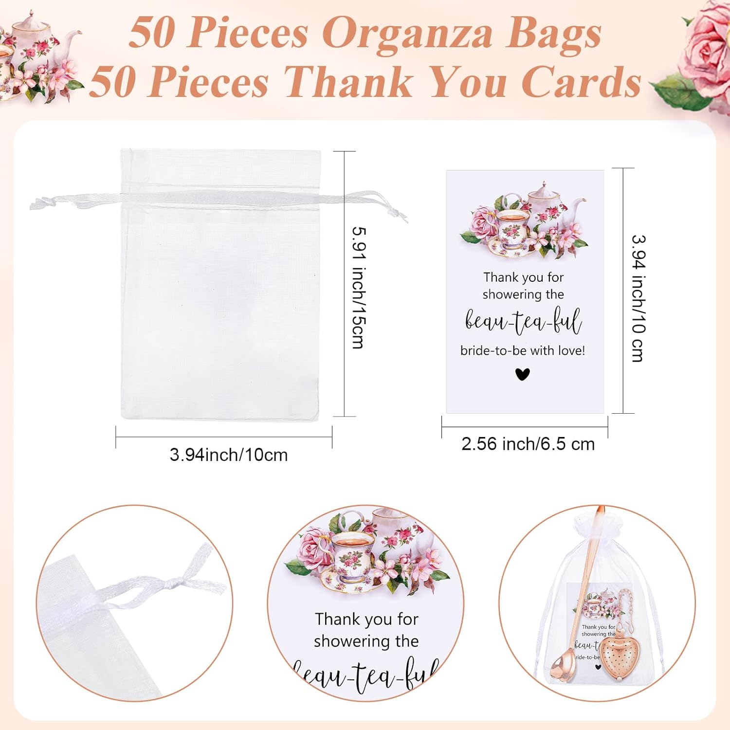 Qinyoung 50 Sets Bridal Shower Tea Party Favors for Guests Party Heart Infuser Spoon Steeper for Loose Tea with Thank You Cards Organza Bags Wedding Souvenir (Rose Gold)