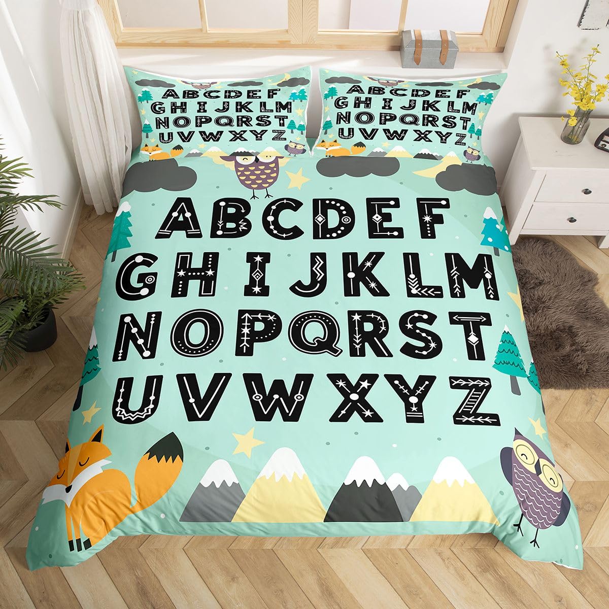 Loussiesd Alfabet dzieci ABC nauka poszewka na kołdrę super king size chłopcy dziewczęta uroczy lis zestaw pościeli oddychająca miękka edukacyjna przedszkole sztuka poszewka na kołdrę 3 szt. leśne