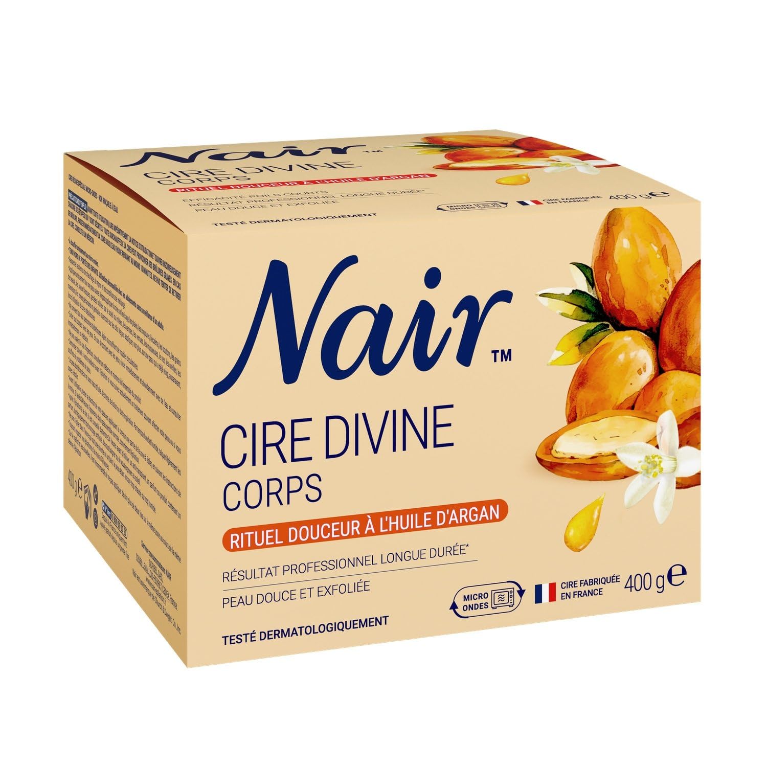 Epilation douceur longue durée pour peaux sensibles avec NAIR Cire Divine Rituel Huile d'Argan et Onagre sans bande, format 400g - Lot de 3