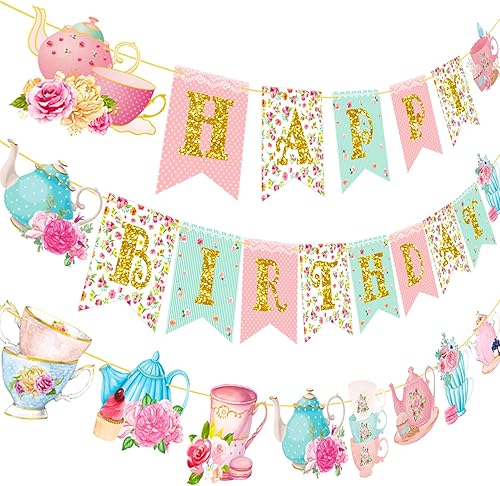 Cartel floral para fiesta de cumpleaños con texto en inglés Happy Birthday, decoración colgante para fiesta de té, 3 pancartas recortadas para