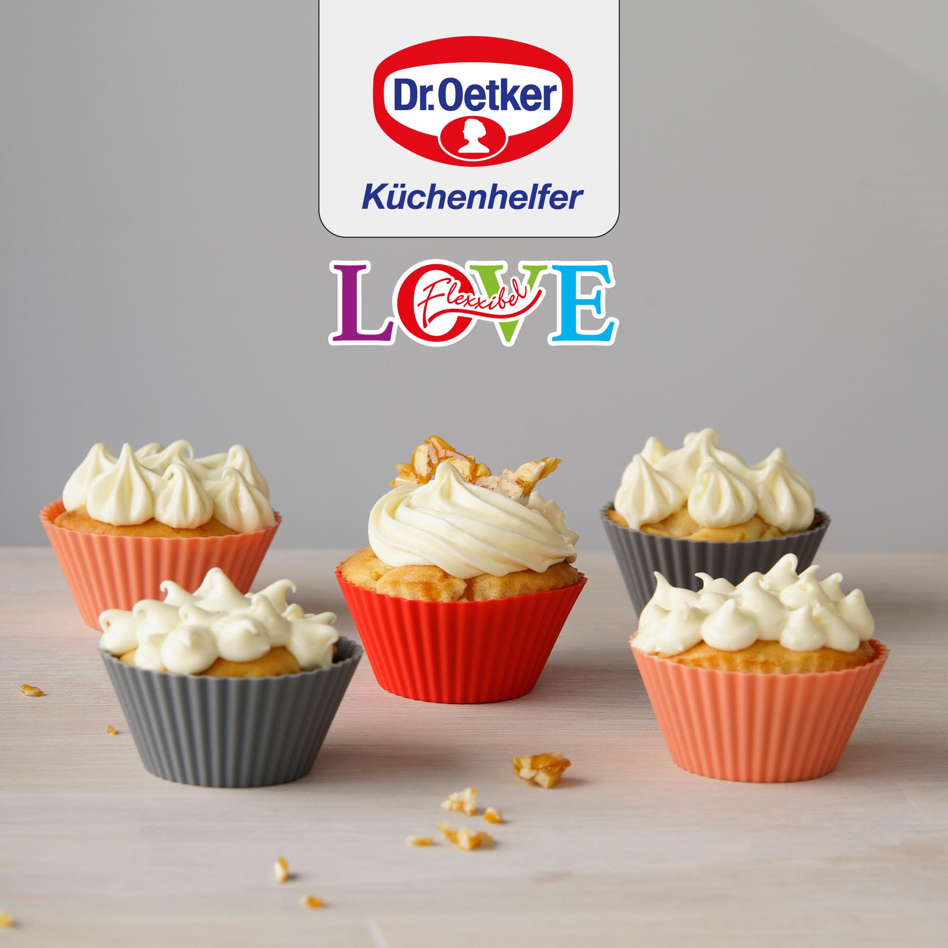 Dr. Oetker Capsulas de Silicona para Magdalenas, moldes Individuales para Hornear Muffins o Cupcakes, en Colores, 6,5x4cm, 12uds Platinum, Surtidos en Gris, Naranja y Rojo, 6,5 x 6,5 x 4 cm (1263)