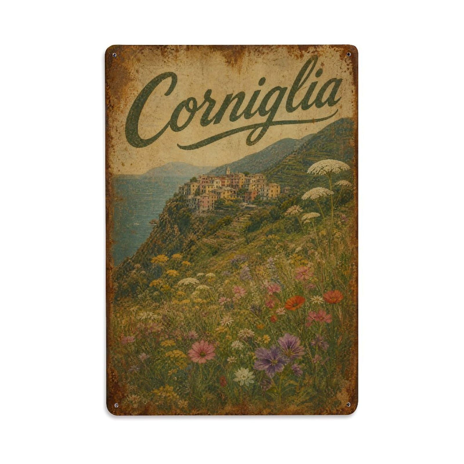 Huiyhb 8X12inch(20X30cm) Vintage Travel Corniglia Wildflowers Hillside Meadow Italy Metal Tin Sign