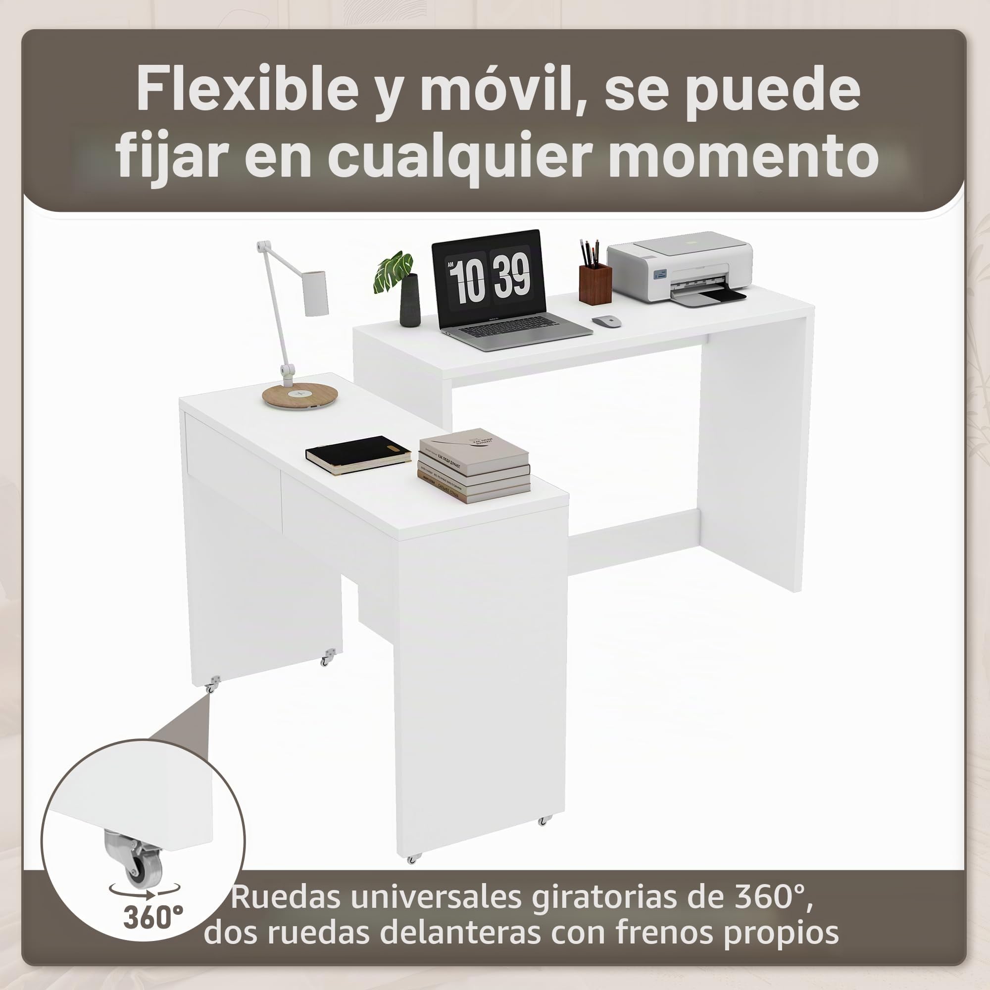 Escritorio plegable, escritorio con cajones, escritorio de esquina, aparador, escritorio de estantería, escritorio compacto 2 en 1, extensible, ruedas equipadas, 110 × 40 × 78 cm (blanco)