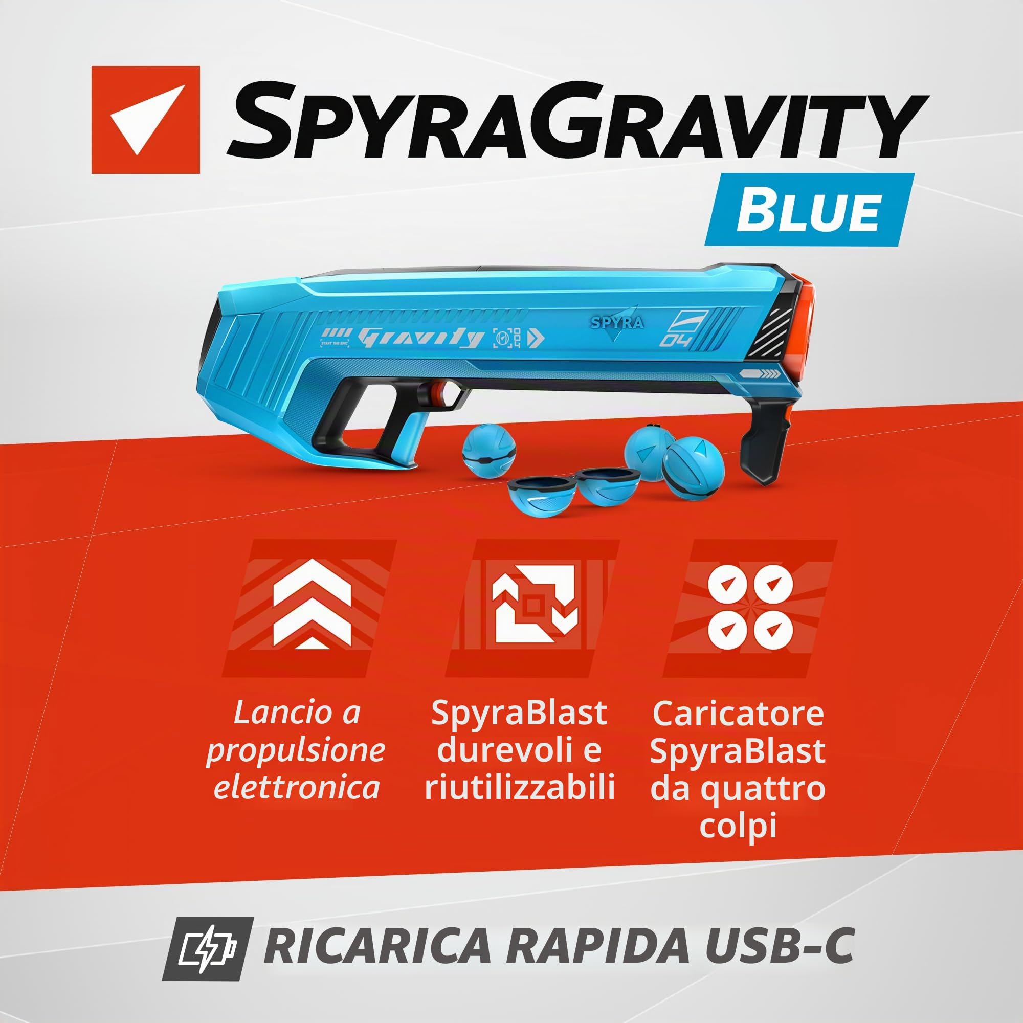 Spyra Gravity Spyra Gravity, potente lanciatore elettrico ad acqua, 4 bombe d'acqua ; acqua riutilizzabili, indicatore a LED, distanza di 16 m, giocattolo per piscina estiva