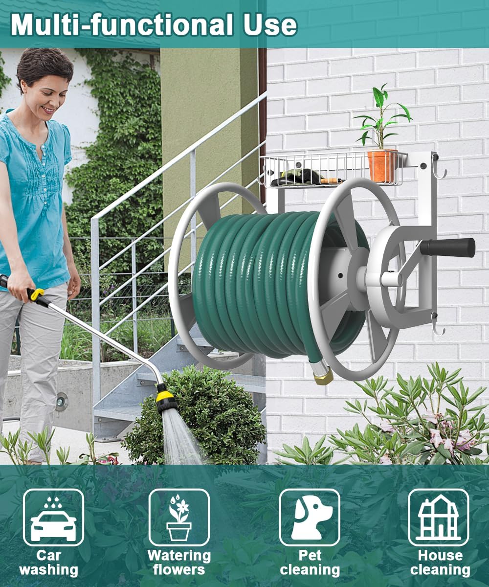 Artigarden Outdoor Wall Mounted Hose Reel with Hook, Garden Heavy-Duty Water Hose Holder Winder with 3.9 ft Leader Hose, Brass Fitting and Storage Basket for Yard, Holds 125 Ft of 5/8-Inch Hose, White