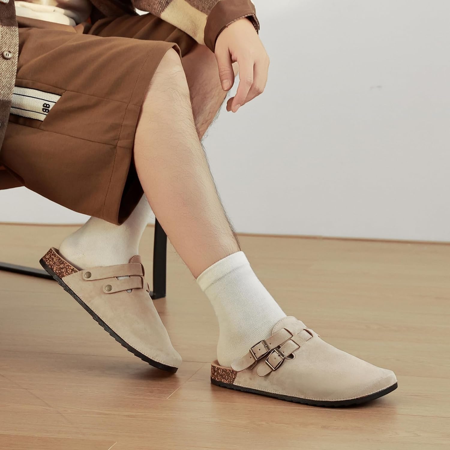 Men's Suede Clogs with Back Strap, Women's Leather Clogs with Arch Support Cork Footbed Slip on Closed Toe Mules with Adjustable Buckle Comfort Potato Shoes Beige - Image 2