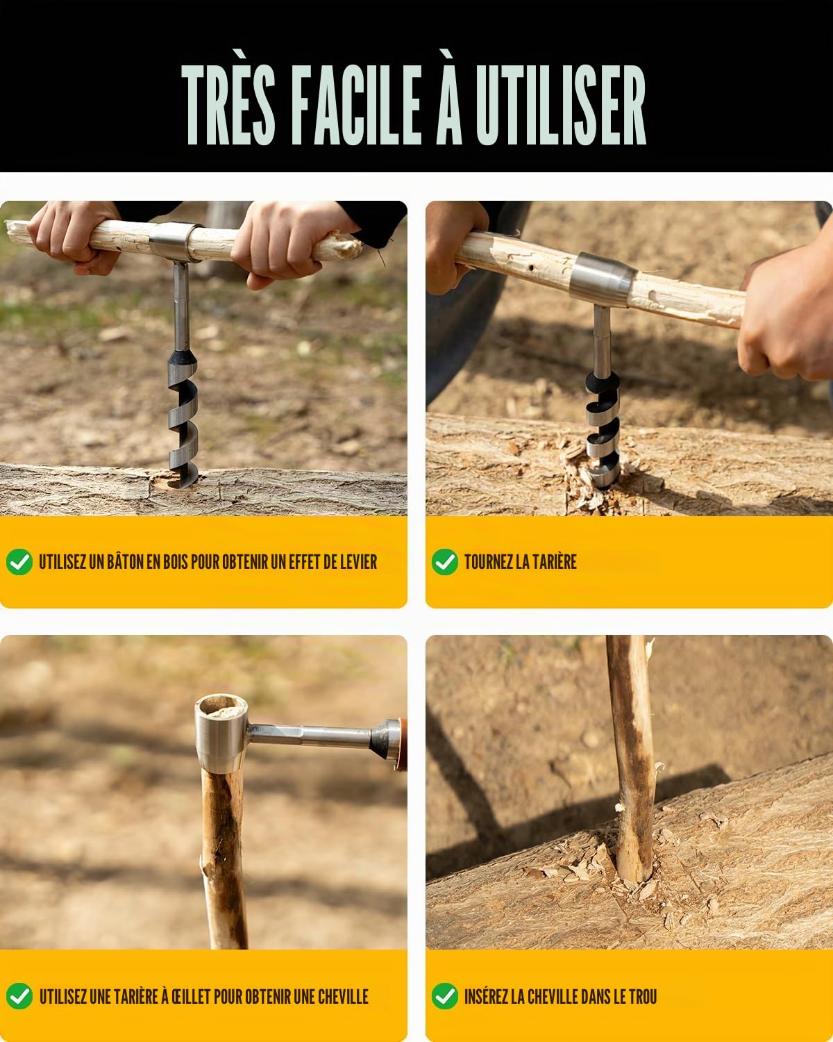 Mèche à bois d'extérieur en acier de qualité supérieure avec étui en cuir PU, idéale pour les équipements Bushcraft, la survie et le bricolage