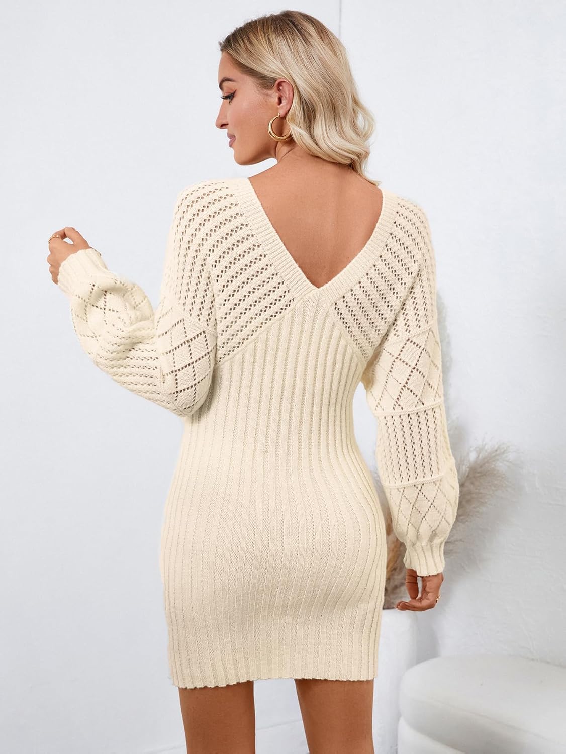 Womens Oversized Sexy V Neck Crochet Knit Sweater Dress Spring 2025 Trendy Ladies Dressy Casual Outfits Hollow Out Long Sleeve Wedding Guest Formal Cocktail Prom Mini Dress Khaki S - Image 3