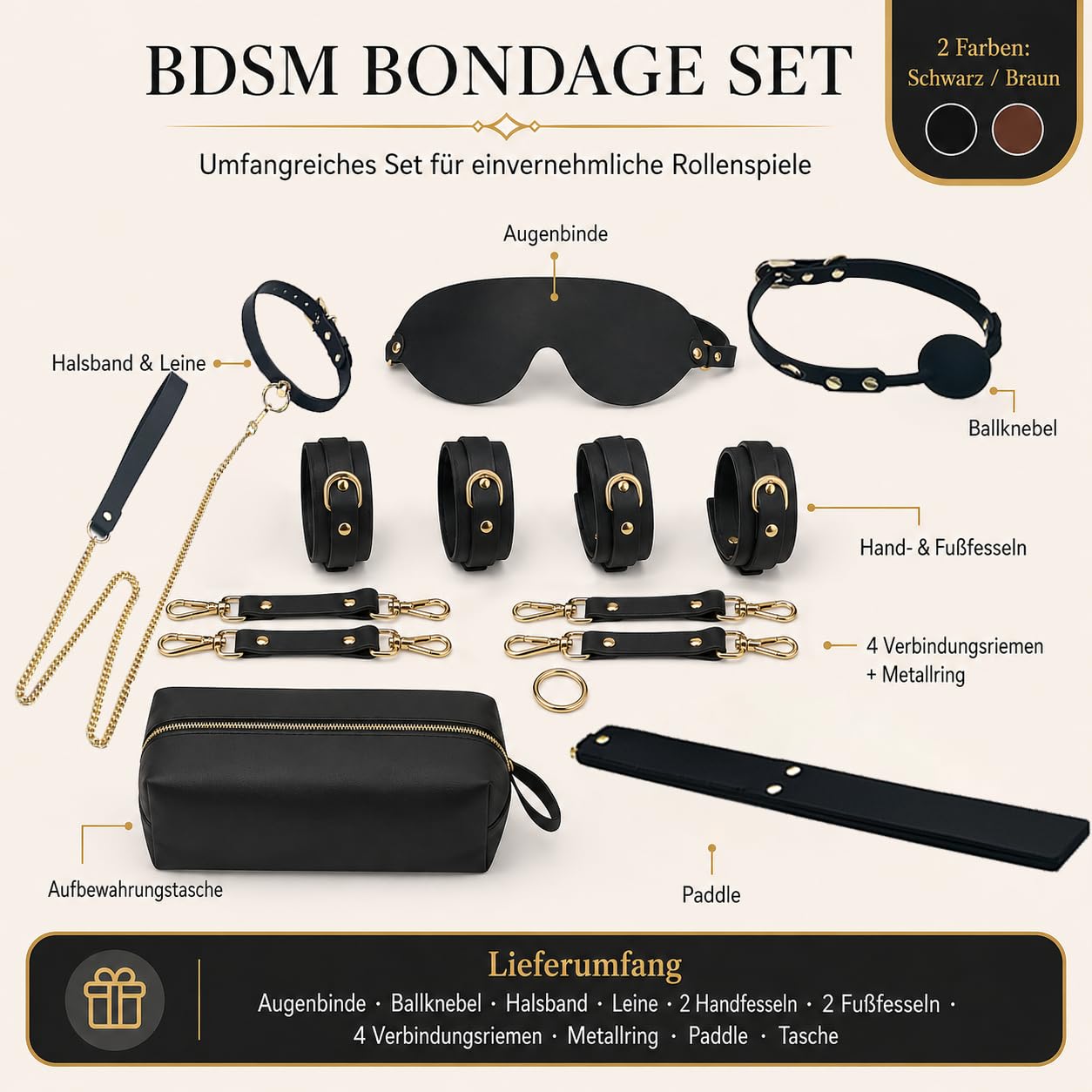 BDSM Set mit Augenbinde, Ballknebel, Fesseln, Halsband und Leine(Schwarz)