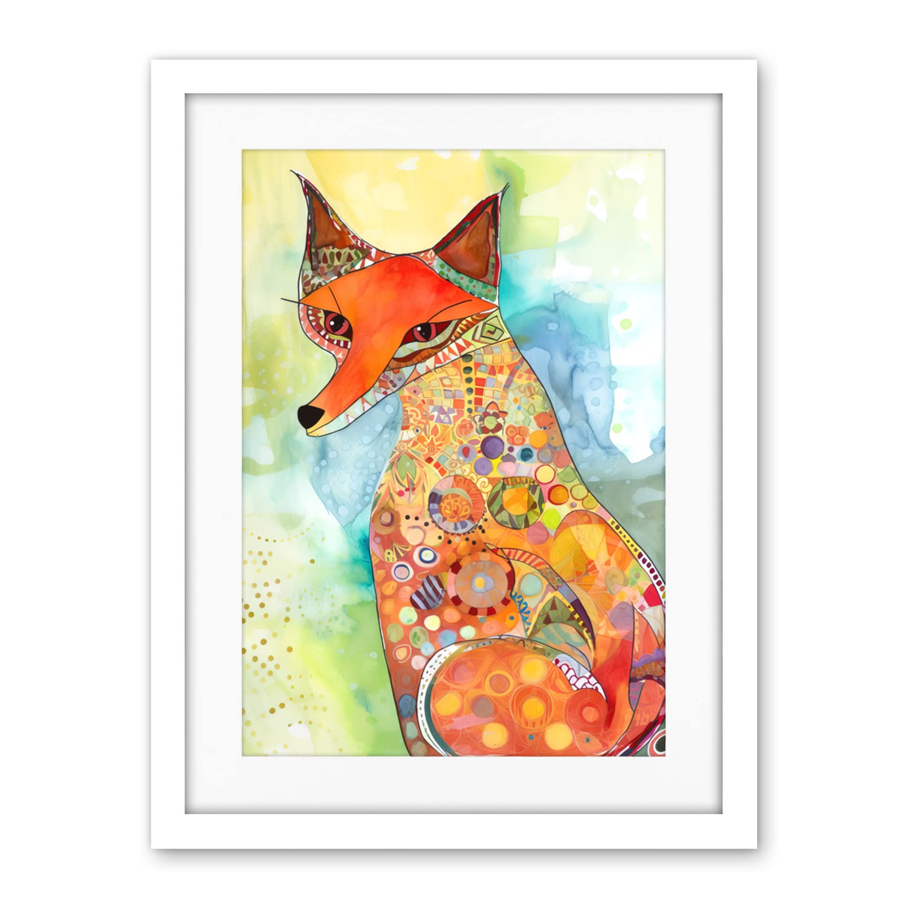 Artery8 Sitting Fox Folk Art Watercolour Painting Artwork Framed Wall Art Print 18X24 Inch