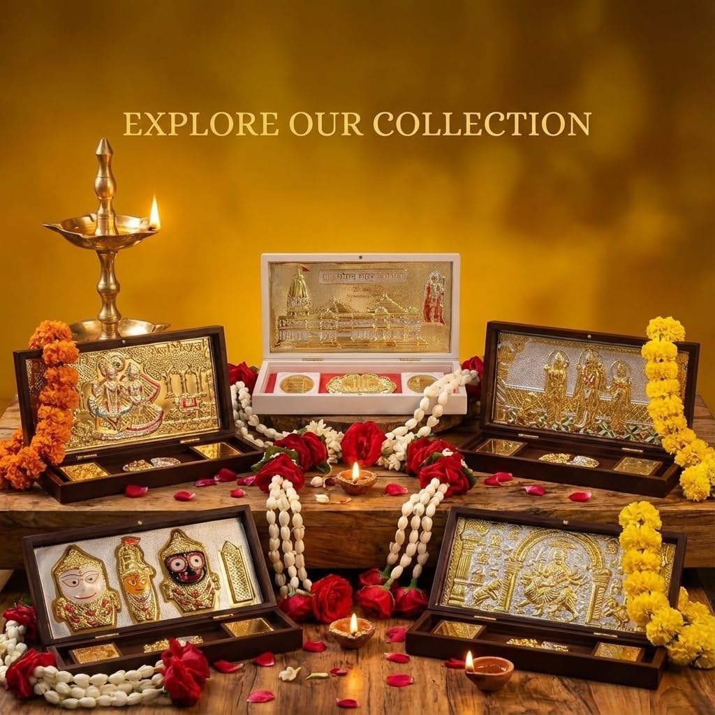 Puri Jagannath Pocket Temple for Pooja Room I Gold Plated Decorative Photo Frame & Charan Paduka | Best Gift for Family & Friends, Diwali Gift & Home Decor - 21.3 cm