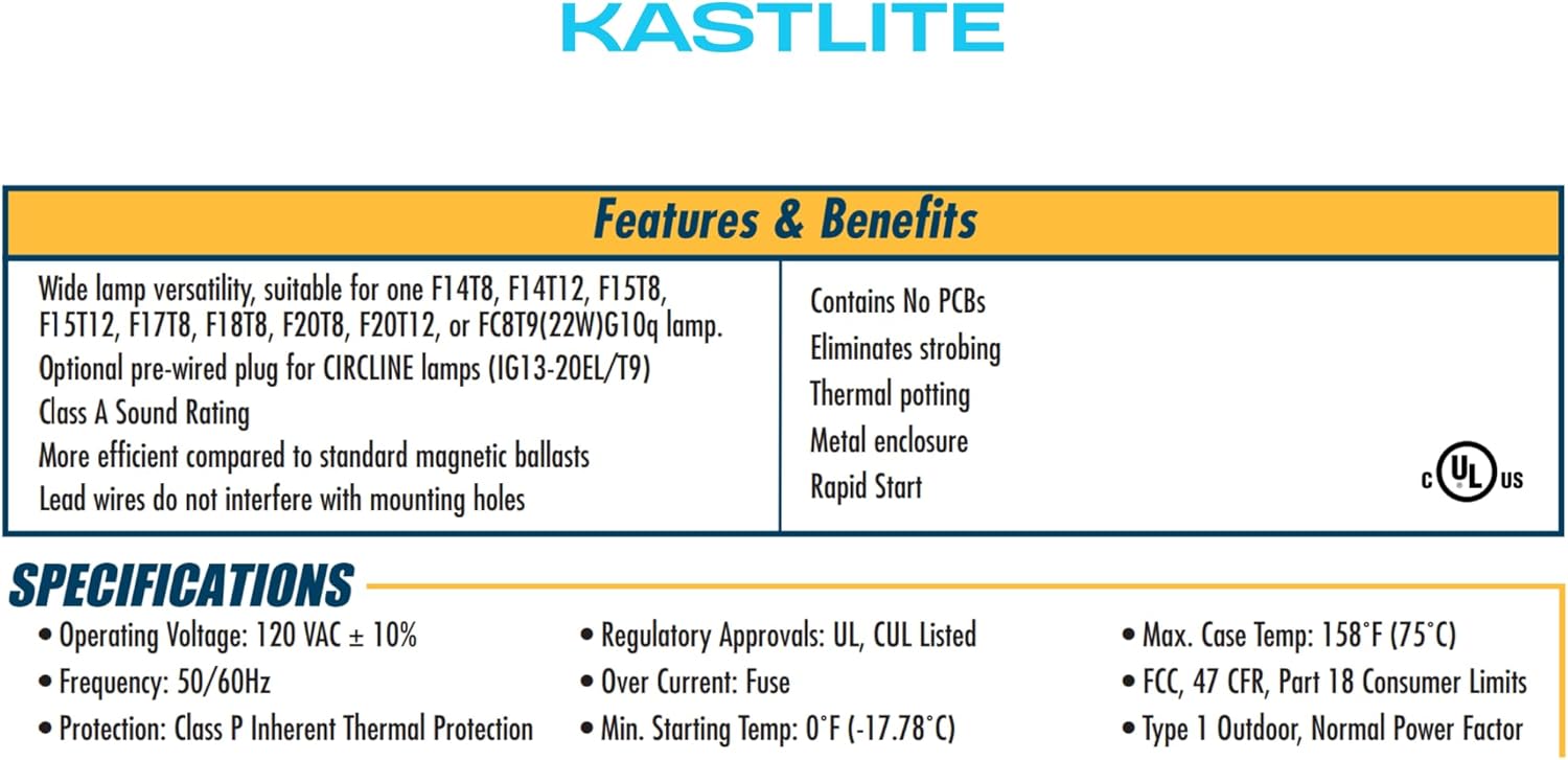 KASTLITE 1-Lamp Rapid Start Electronic Ballast | 120V 50/60Hz T8/T12 Fluorescent Tube Ballast | Energy-Efficient Multi-Watt Flicker-Free Replacement, UL Listed, Pre-Wired, Low Noise, Compact Metal Box