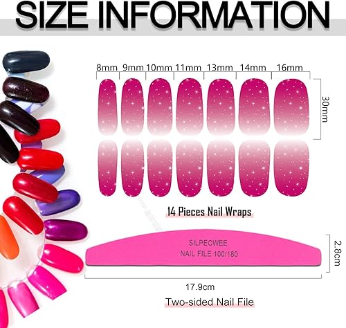 Miniatura 7 de SILPECWEE 16 hojas de calcomanías de esmalte de uñas, envolturas de uñas completas con purpurina, tiras de esmalte de uñas de color sólido, tiras de