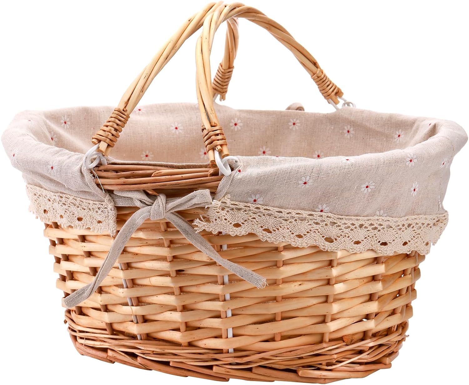 Peohud Wicker Picnic Basket, Woven Empty Easter Basket for Gifts, Picnic Hamper with Double Folding Handles, Willow Garden Harvest Basket with Linen for Candy, Egg Gathering, Toys, Wedding