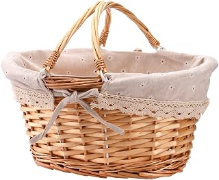 Peohud Wicker Picnic Basket with Linen Lining & Double Folding Handles - Handmade Willow Easter Gift Basket for Picnics, Eggs, Toys