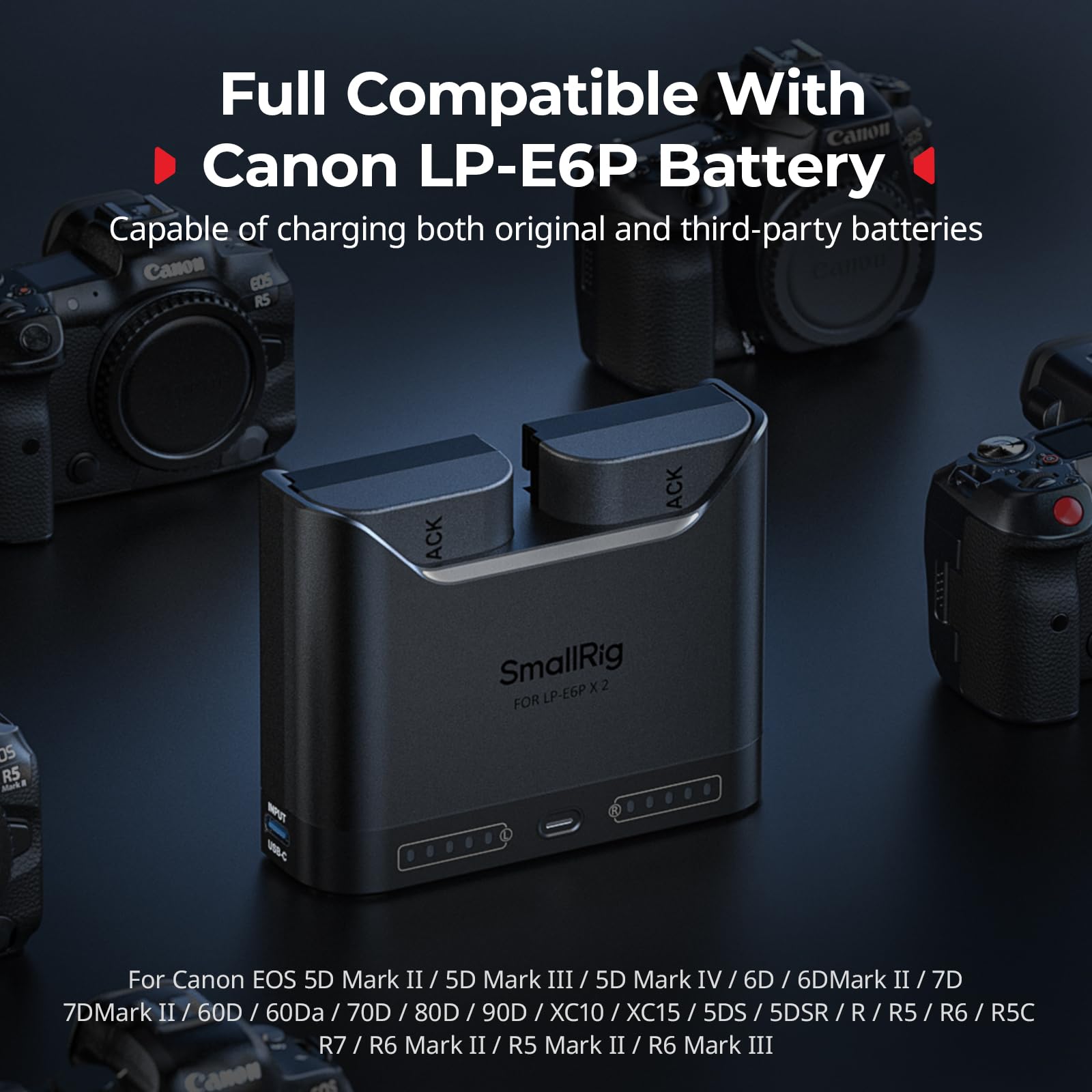SMALLRIG LP-E6P Kamera-Akkuset für Canon, 22,5W-Doppelladegerät mit 2520mAh-Akkus, Vollständig für Canon EOS R6 Mark II/III, R5 Mark II, 5D Mark II/III/IV, 6D/7D, 6D/7D Mark II, R, R5 / 6/7-5485