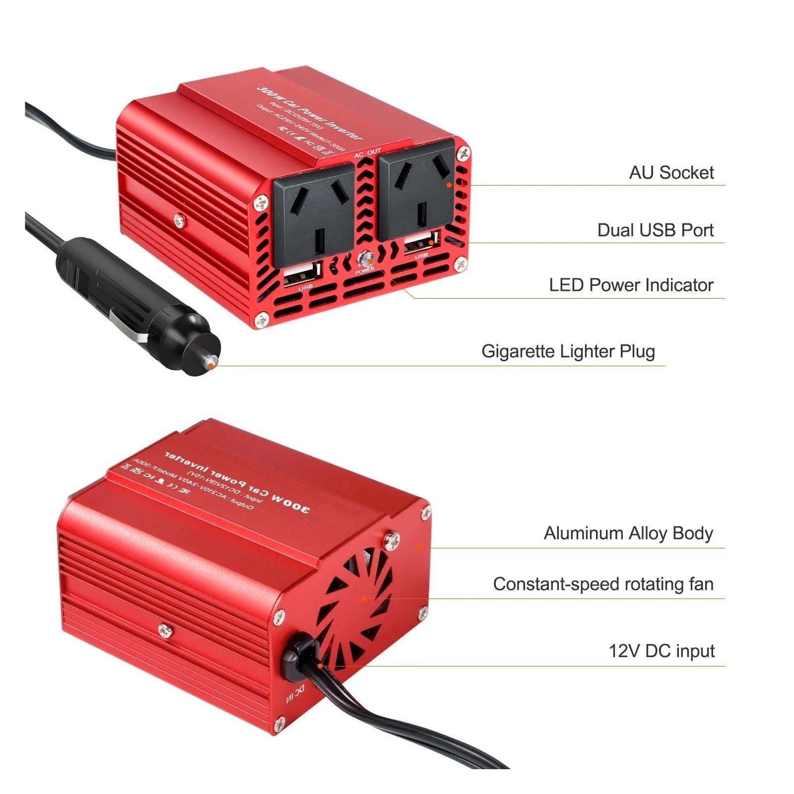 Convertidor Adaptador Inversor Coche 300W 200W Portátil 12V 220V 240V Convertidor Encendedores Cigarrillos Salida USB Carga Rápida Teléfono/PC/cámara inversor