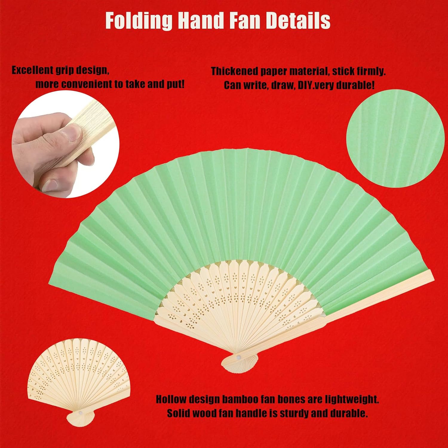 12 Pcs Light Green Paper Fans Handheld,8.3 Inch Foldable Hand Fan,Folding Hand Fan for Women,Chinese Japanese Bamboo Fans for Wedding Guests,Dancing,Party Decoration,DIY image 3