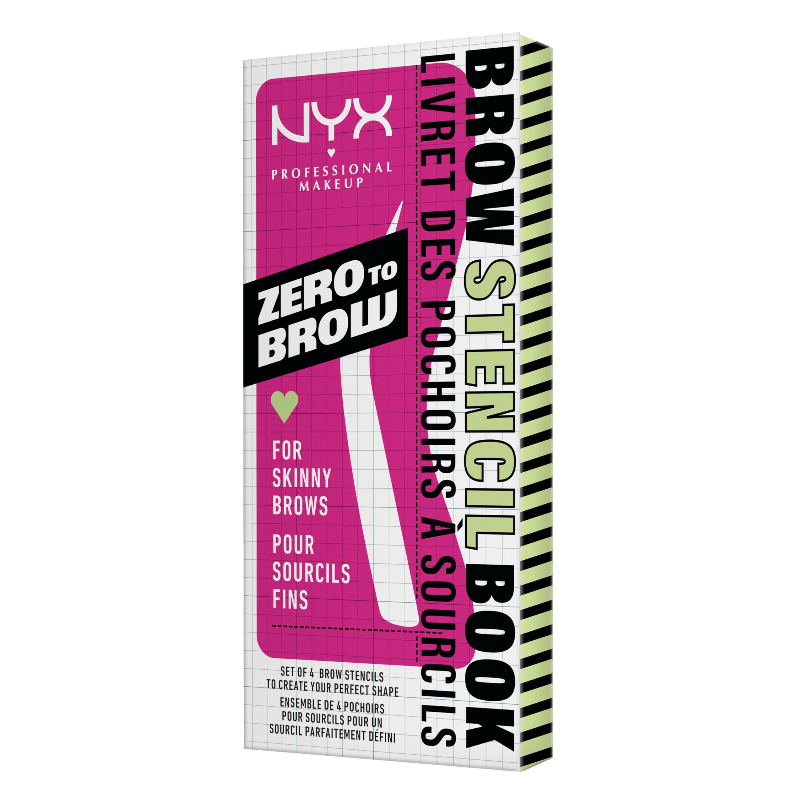 NYX Professional Makeup Stencil Per Sopracciglia Sottili e Definite, Per un Effetto Su Misura, Set da 4: Arrotondate, Dritte, Arcuate e Super Lunghe, Zero to Brow