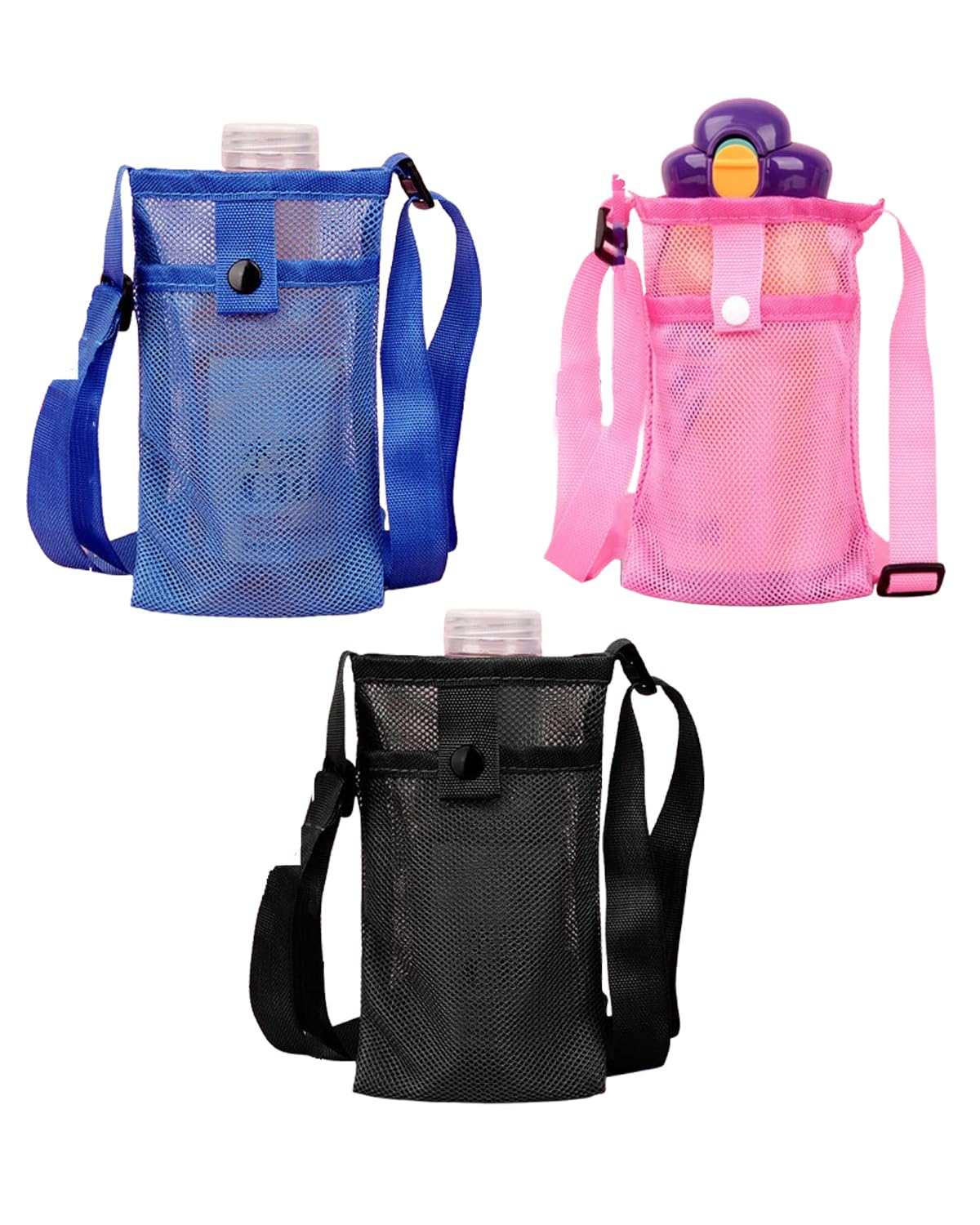 3 PezziPorta Borraccia Tracolla Regolabile – Mani Libere Outdoor, Custodia Versatile per Sport, Escursioni, Viaggi, Colori: Nero, Rosa, Blu