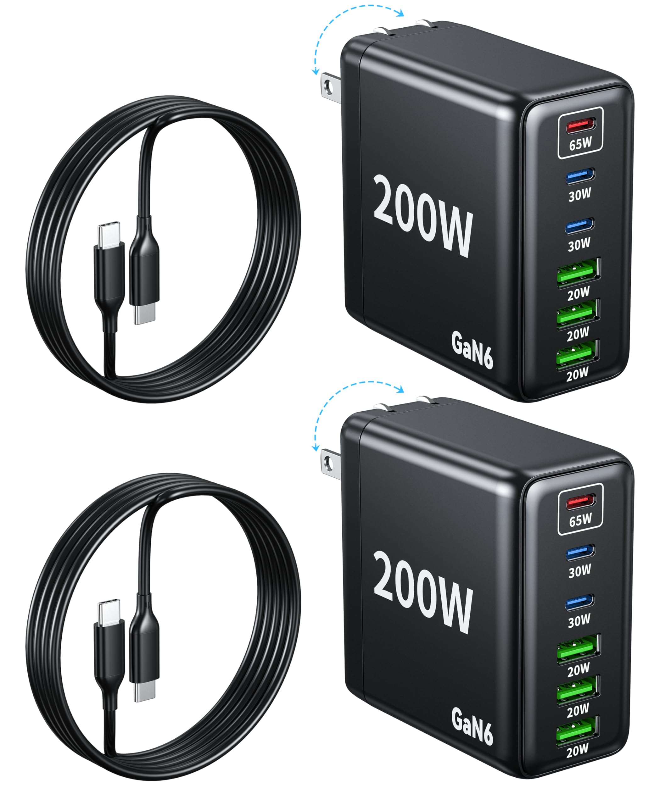 USB C Charger Block, Type C Charger iPhone 17 16 Fast Charging 200W 2 Pack 6 Port Foldable Charging Station Brick PD AVS for All iPhone 15/14/13/Pro Max/MacBook iPad/Samsung Galaxy Note Pixel 9