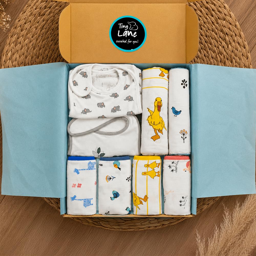 TinyLane - Curated for you! 100% Organic Gift for New Born Baby Boy & Girl, 0 to 6 Months, Pack of 8, Multi Color, Skin Friendly, Winter Special, Baby Shower Gifts (Duck + Bird, Pack of 8)-picture-14