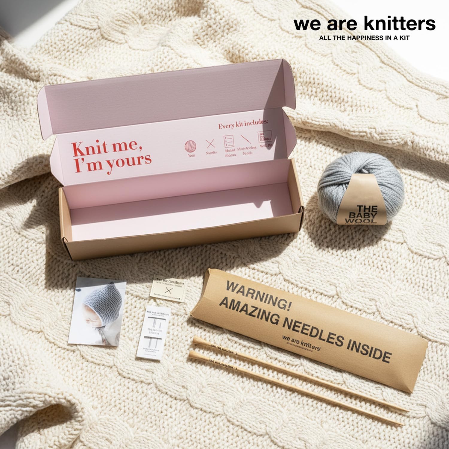 We Are Knitters Titi Hood Kit | Beginner Knitting Gift Kit | Soft Baby Alpaca Flat Knit Bonnet | Cozy Handmade Winter Baby Hood Warm Cozy Gift Set DIY